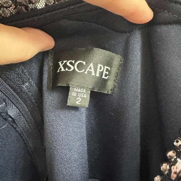 Xscape Navy Dress with Beaded Shoulders - Picture 8 of 13